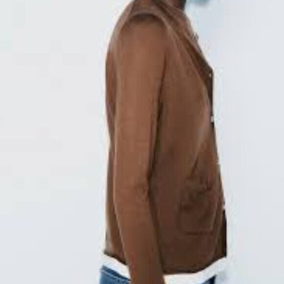 NWT Zara Contrast Trim Knit Cardigan Sweater Brown Long Sleeve Size Medium - Picture 3 of 12